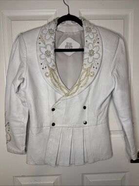 VTG White Embellished Floral Leather Blazer Jacket